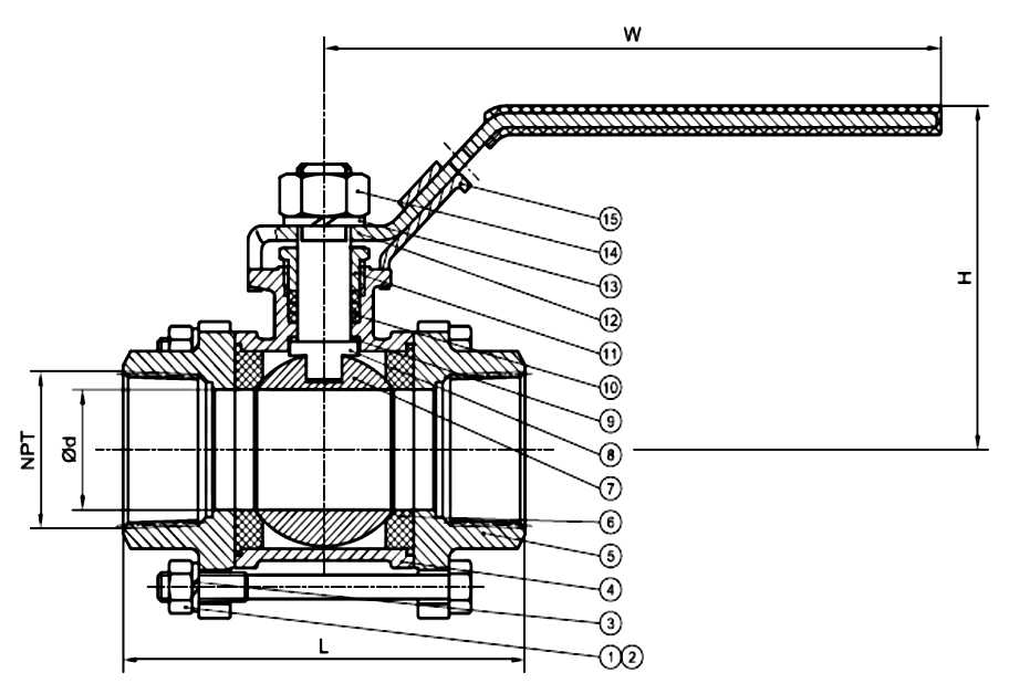 3 Piece Full Bore 1000 PSI Stainless Steel Threaded / Socket Weld End Ball Valve Drawing