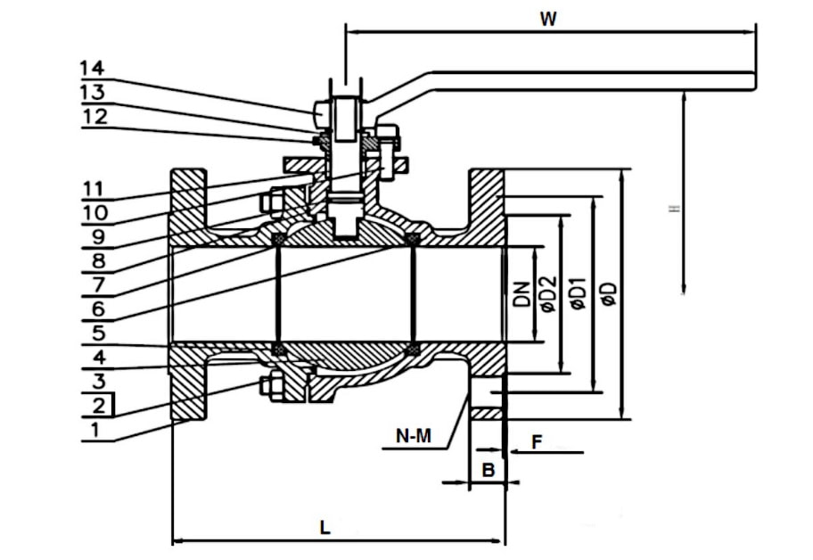 ANSI 150# SS316 Flange End Ball Valve Drawing