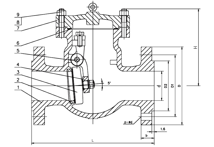 ANSI 150# Cast Steel Swing Check Valve Drawing