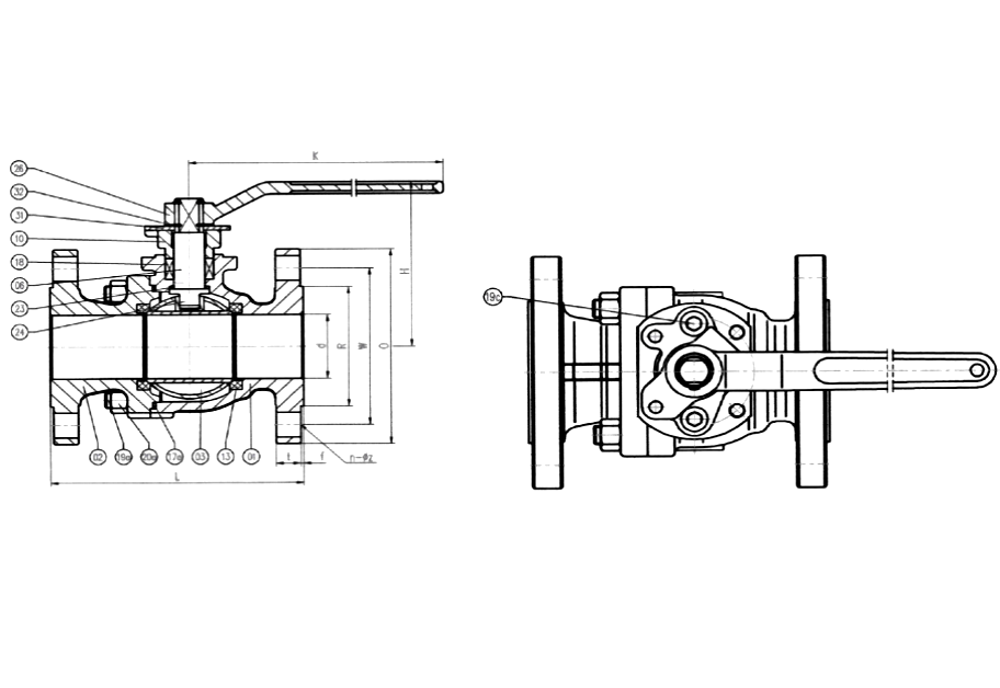 ANSI 300# Cast Steel Flange End Ball Valve Drawing